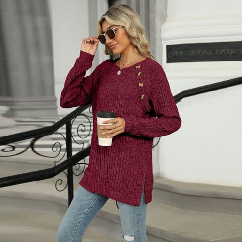 Lu's Chic Women's Soft Pullover Sweater Long Sleeve Top Button Split Crewneck Knit Fall Fashion Work Boat Neck4