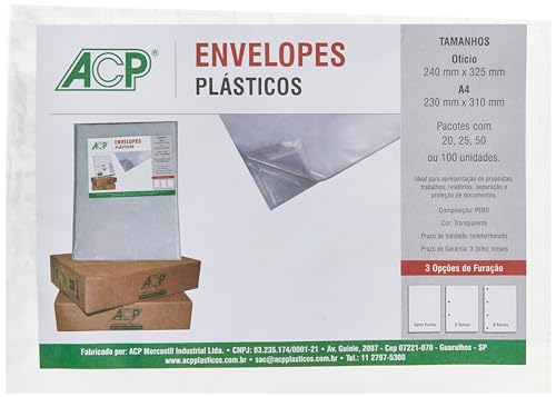 Envelope Plástico Sem Furo, ACP, Oficio, Médio 0,10mm, Pacote Com 25