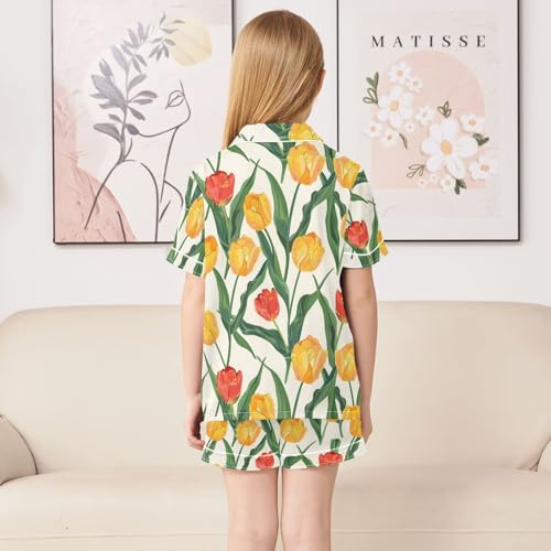 ALAZA Red Yellow Tulip Blossom Pajamas Satin Pajama Set Short Sleeve Button Down Sleepwear4