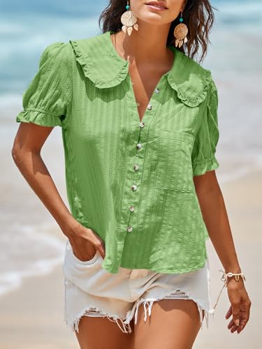 Image of Tankaneo Womens Puff Sleeve Shirts Peter Pan Collar Button Down Cotton Blouse Casual Summer Textured Tops