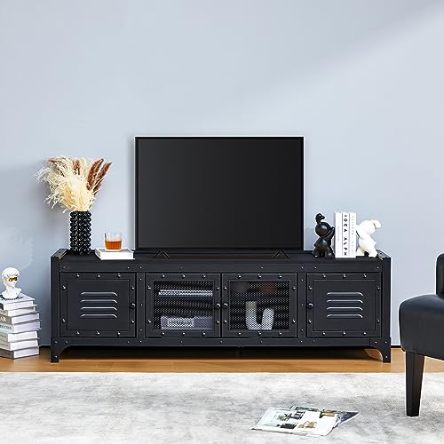 PHOYAL TV Stand for TVs Up to 65 Inch, Retro Tv Cabinet Industrial Entertainment Center TV Media Console Table Industrial Style Television Stands Rustic Tv Stand Media Cabinet Black
