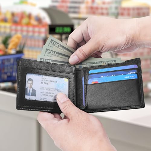 Image of Genuine Leather Mens Wallet, RFID Blocking Bifold Wallet for Men with ID Window, 11 Card Slots, Husband Birthday Anniversary, Dad Fathers Day Gift (Black)