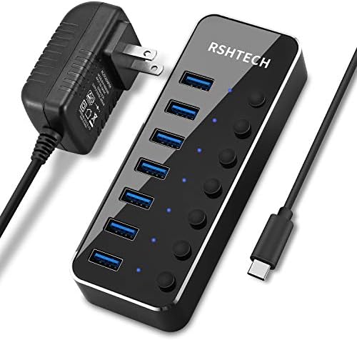 Powered USB HUB RSHTECH Type C to 7 Port USB 3.0 Hub Aluminum Portable Splitter with Individual On/Off Switches (7-Ports)