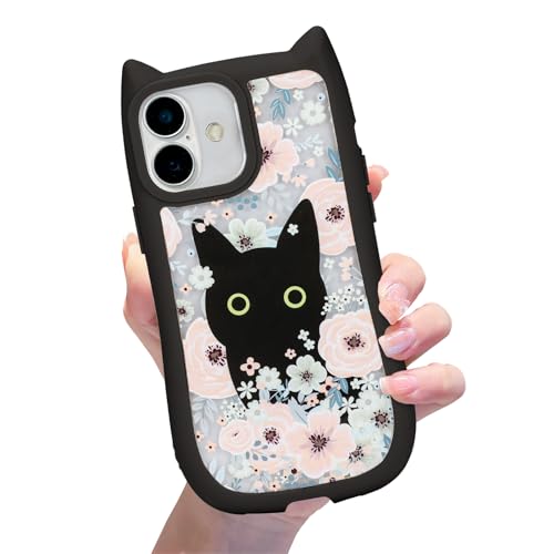xoniery Compatible with iPhone 17 Cute Floral Case [ 3D Cat Colorful Flowers ] [ Senior Shockproof Protective ] for iPhone 17 Clear Case for Women Girls-Black