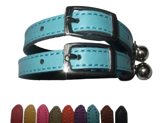 Cat Collar 2 pack set Real Leather Elasicated Safety Elastic bell, Pair Choose colours (Blue and Blue)