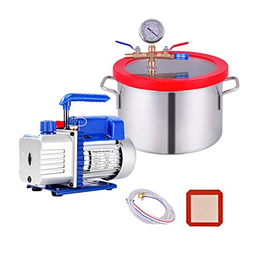 1.5 Gallon Vacuum Chamber, Heavy Duty Stainless Steel Degassing Chamber Kit with Upgraded 4 CFM 1 3HP Vacuum Pump (4CFM Vacuum Pump Without Oil + 1.5Gallon Vacuum Chamber Not for Stabilizing Wood)