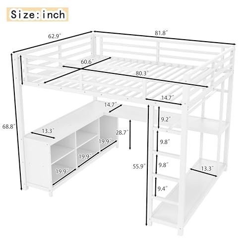 Image of Bellemave Queen loft Bed with L Desk, Wardrobe, Metal Queen Size Loft Bed Frame for Adults, Kids, Teens, White