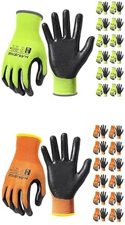 Bundle of MANUSAGE Nitrile Work Gloves, 3D Comfort Stretch Fit, Powerful Grip, Touchscreen, Durable Foam Coated, Flexible, Size-XXL Yellow 12 Pairs + Size XXL, Orange, 12-pairs