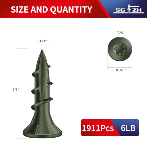 Image of #8 x 5 /8 inch Deck Screws (1911Pcs) 6lb. Exterior Wood Screws. Carbon Steel, Green, Flat Head, Rust Resistant epoxy Coated, with T25 Star Bit