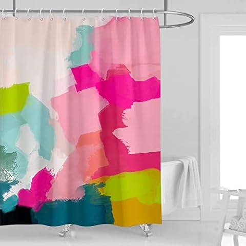 Kikiry Watercolor Abstract Shower Curtain 54''W x 78''L Colorful Ombre Hot Pink Teal Blue Modern Aesthetic Minimalist Contemporary Oil Painting Grunge Style Polyester Fabric 9 Pack Plastic Hooks Cover