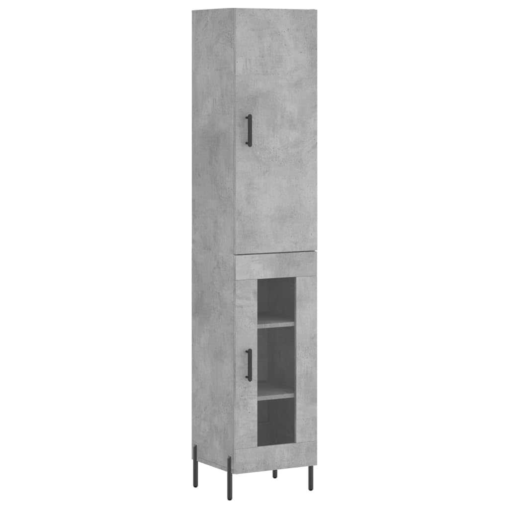 Générique Bufet wysoki szary betonowy 34,5 x 34 x 180 cm z drewnianymi drzwiami i metalowymi nogami, duża przestrzeń do przechowywania do organizacji codziennych niezbędnych rzeczy.