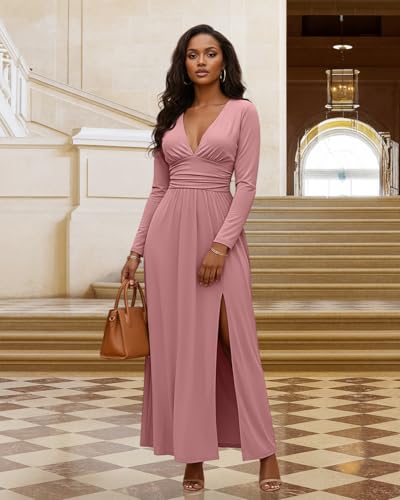 Image of Womens Backless Dress Sexy Halter Deep V Neck Maxi Dresses Sleeveless Long Cocktail Dress with Slit