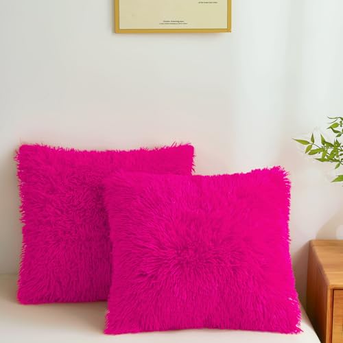 FOPPA Shaggy Throw Pillow Covers Hot Pink 18"x18" Faux Fur