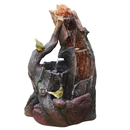 Tree Trunk Waterfall Fountain with Playing Birds Freestanding Natural Tree Looking Waterfalling with LED Lights in 23' Height for Garden, Patio, Courtyard,Lawn Decor