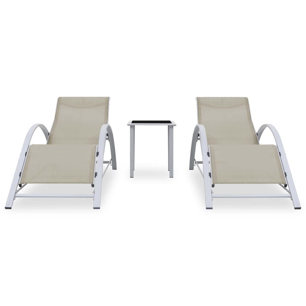 2 lettini prendisole con tavolo in alluminio bianco crema, set da giardino con telaio in alluminio verniciato a polvere e textilene, piano in vetro temperato, design ergonomico