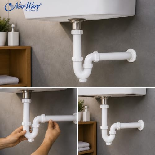 Image of NEW WARE PVC Bottle Trap P Trap with Extension Pipe for Wash Basin & Kitchen Sink | Bathroom Drain Water Outlet Waste Pipe | Anti Odor Leak Proof Waste Drain Pipe White