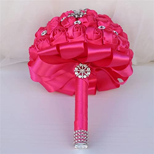 Mollybridal Modest Pearls Silk Rose Flowers Artificial Flowers Bouquets for Wedding Party Quinceanera Prom Hot Pink