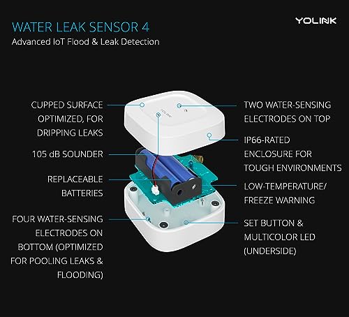 Image of YoLink Water Leak Detector 4 with 105dB Audio Alarm, Freeze Warning, App Push, Email Alerts and Limited Text - Smart Water Sensor Alarm w / Alexa, IFTTT - 1 /4 Mile Long Range, Hub Required