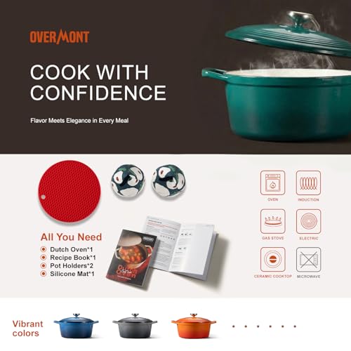 Image of Overmont Enameled Cast Iron Dutch Oven - 5.5QT Pot with Lid Cookbook & Cotton Potholders - Heavy-Duty Cookware for Braising, Stews, Roasting, Sourdough Baking Bottle green