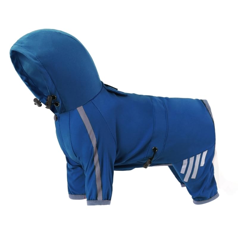 WUURAA Hunde-Regenmantel mit Kapuze, 4 Beinen, reflektierend, wasserdicht, hautfreundlich, Polyester, Blau, XXL