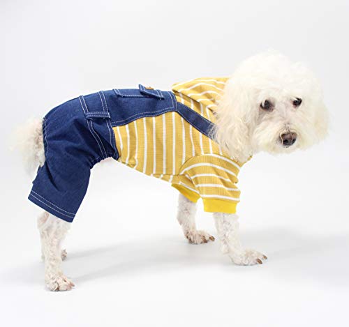 Ranvi Pet Denim Striped Dog Jumpsuit Puppy Cat Hoodie Four-legged Clothes Teddy Sweatshirt Jeans Overalls(Yellow,M) - Image 4