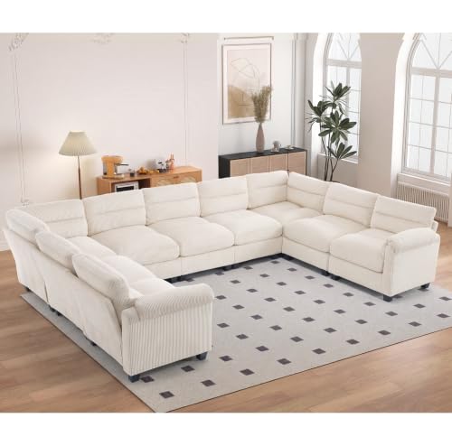 HAOMARKETS 141" Wide Modular Sectional Corner Sofa Couch, Oversized Corduroy U Shaped 10-Seater Couches with Rolled Arms and Thicken Cushion for Living Room, Beige