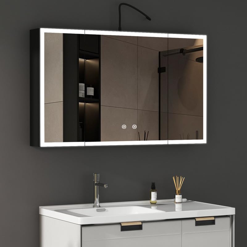 WDWRITTI LED Spiegelschrank mit Beleuchtung 60x100x13.5cm Badezimmerschrank, Bad Metall Badschrank Medizinschrank Spiegel Kabinett mit 3-Farben Dimmbar, Beschlagfrei, 4 Glasablage