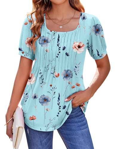 Zeagoo Womens Summer Tops Casual Puff Short Sleeve T Shirts Floral/Solid Pleated Tunics Square Neck Work Blouse