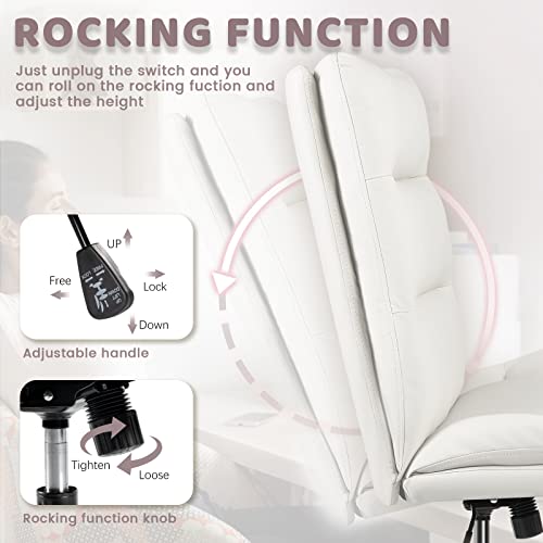 Lemberi Pu-Padded Armless Office Desk Chair No Wheels, High-Back Wide Seat Home Office Desk Chair, 120°Rocking Cross Legged Computer Task Chairs, Modern Adjustable Swivel Vanity Chairs (White) #TOP5