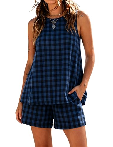 Gozoloma Women's Oversized Gingham 2 Piece Set Crewneck Sleeveless A-Line