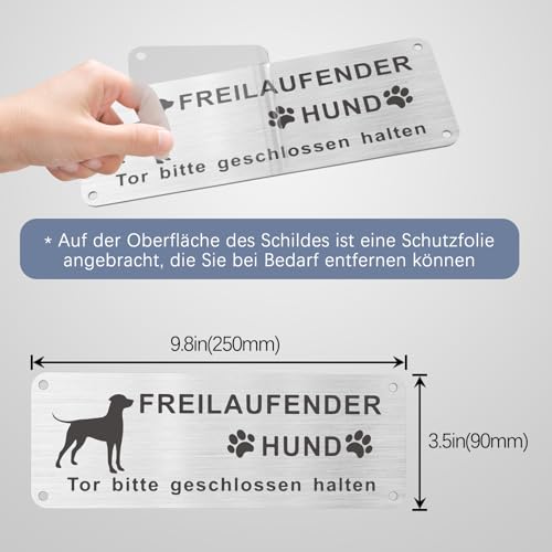 Upifen Vorsicht Freilaufender Hund, 2Stk. Achtung Hund Schild, Warnschild Hund Aluminium mit Selbstklebend und Vorgebohrten Löchern, 25x 9cm, Innen/Außen