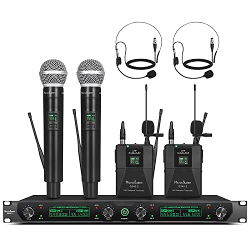 Uhf Wireless Microphone System, 4-Channel Cordless Mic Set With Handheld/Bodypack/Headset/Lapel, Metal Build, Fixed Frequency, 400Ft Coverage, Ideal For Karaoke/Party/Wedding/Concert #TOP2
