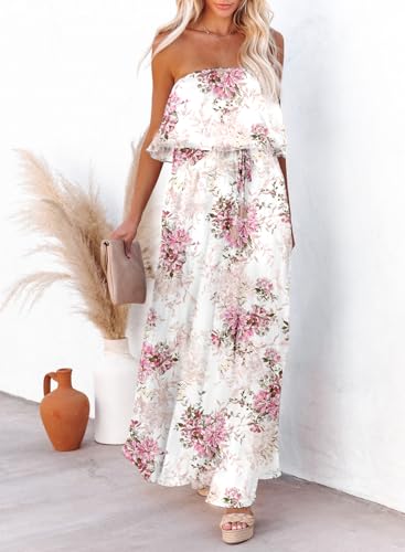 Image of Dokotoo Womens Strapless Dresses Casual Summer High Waist Side Split Flowy Boho Maxi Dress