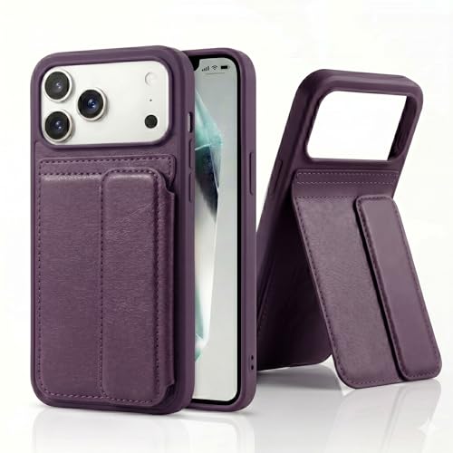 Image of amazon basics Luxury Vegan Leather Back Cover for iPhone 17 Pro | Built-in Card Holder Slot | Integrated Mobile Stand | Slim Shockproof Protective Case with Stitched Finish - Purple