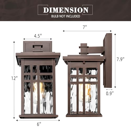 Image of zeyu 12 Inch Patio Wall Light Fixture, 2 Pack Outdoor Modern Wall Lights, Die-Cast Aluminum, Oil Rubbed Bronze Finish with Water Ripple Glass Glass, 20068B1-2PK ORB WP