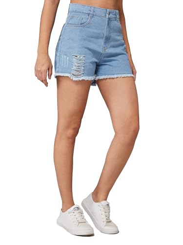 Image of Dolce Crudo Women's Relaxed Fit Mid-Rise Denim Shorts with Adjustable Waist & Frayed Hem