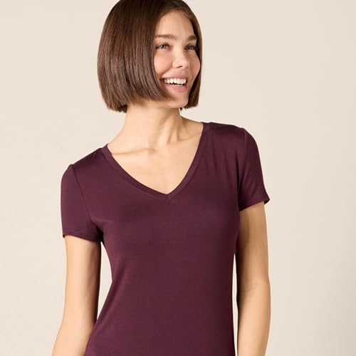 Image of Amazon Essentials Women's Regular Fit V-Neck Short Sleeve Midi Length T-Shirt Dress, Soft Viscose Stretch Jersey, Side Slits