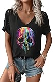 Women's Colorful Melting Rainbow Skull V Neck Shirt Halloween Fall Gothic Skeleton Graphic Cut Out Cold Shoulder Sleeve Tee Spooky Season Rock Party Tops Blouse(XL,A-Black-5)