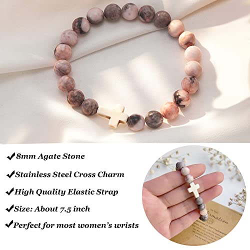 Image of Confirmation Gifts for Teenage Cross Charm Beaded Bracelet for Women /Men Relax Anxiety Jewelry Faith Gifts Catholic Sponsor Gift (Pink A)