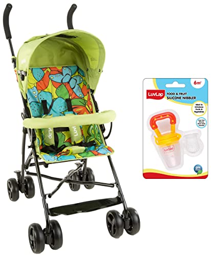 Luvlap Tutti Frutti Stroller/Buggy, Compact & Travel Friendly, for Baby/Kids, 6-36 Months (Green) & LuvLap Silicone Food/Fruit Nibbler with Extra Mesh, Joystar Yellow,
