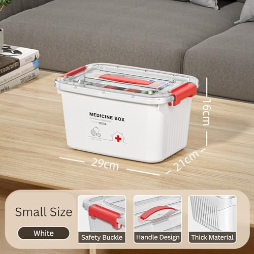 Image of HoopVool Clear Plastic Medicine Storage Box Organizer, Family Emergency Kit Portable Lockable Container for, Art Craft and Cosmetic Household Organizer (White, Small)