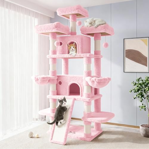 Image of Allewie 82 Inches Large Cat Tree /House /XXL Tall Cat Towers for Big Feline /Scratching Post /Multi-Level Large Kitty Climbing Tree with Condo /Pink