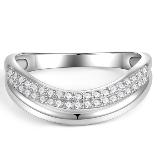 C-leen Silver Rings for Women - 14K Whited Gold Plated Stackable Rings Curved Wedding Band Ring Silver Jewelry Engagement Ring for Women Size 5-10