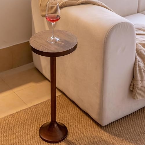Small Pedestal End Table, Metal Base Side Table, Drinking Table with Scratching Distressed Finish, Light Espresso - Image 3