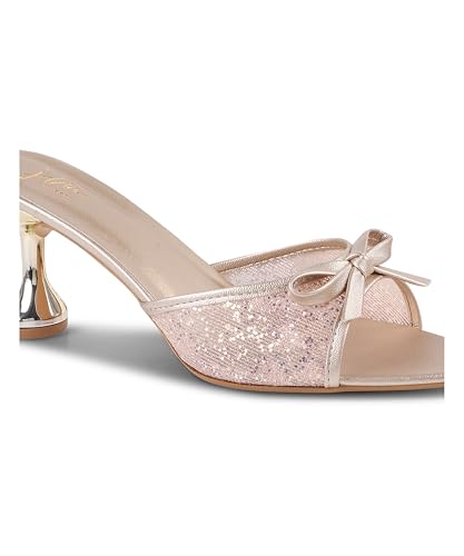 Image of JM LOOKS Women's Kitten Mules Heels Glitter Sparkle Heel with Bow Open Pointed Toe Stiletto Low Heels Party Dress Slip On Backless Sandals