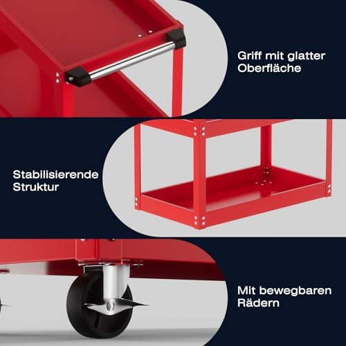 Bild 5 - ALANNG Rollender Werkstattwagen, Schwerer Werkzeugwagen mit 3 Tabletts, Metall Servicewagen für Garage & Werkstatt, Rot