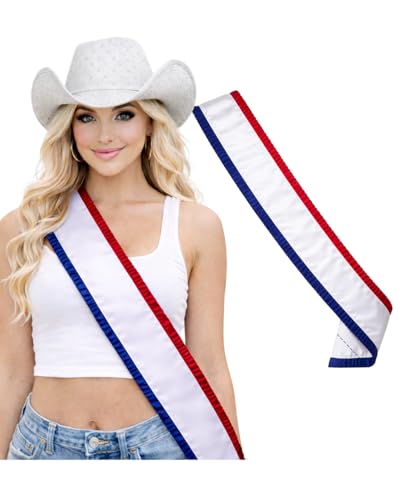 Ninalems Party Patriotic America Birthday Blank Red and Blue Pleated Smooth Satin Ribbon Sash for 4th of July Independence Day Cowboy Memorial Day