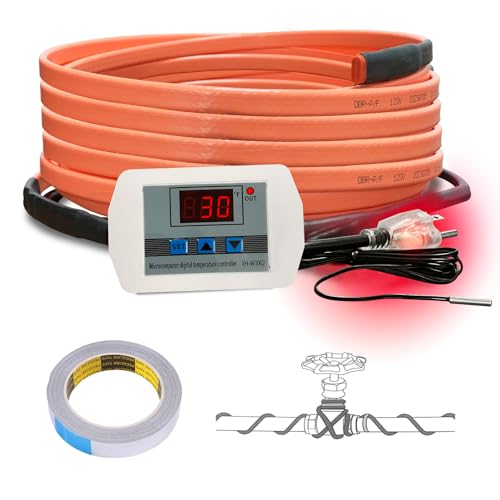 Cupohus Heat Tape for Water Pipes with Digital Display Thermostat 15FT, Freeze Protection Self-Regulating Heat Trace Cable for Metal, Plastic Home Pipes, Roof and RV, 110-120V
