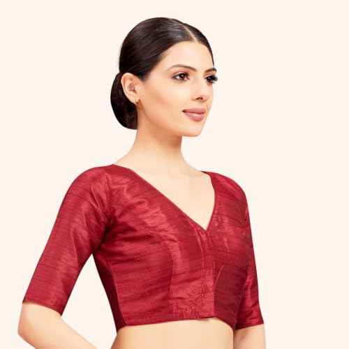 Image of Studio Shringaar Women Readymade Raw Silk V Neck Saree Half Sleeve Blouse