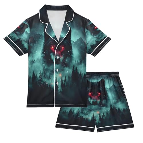 ALAZA Wolf Tree Animal Mountain Satin Pajamas Set Short Sleeve Button Down Sleepwear Summer Pjs 2 Piece